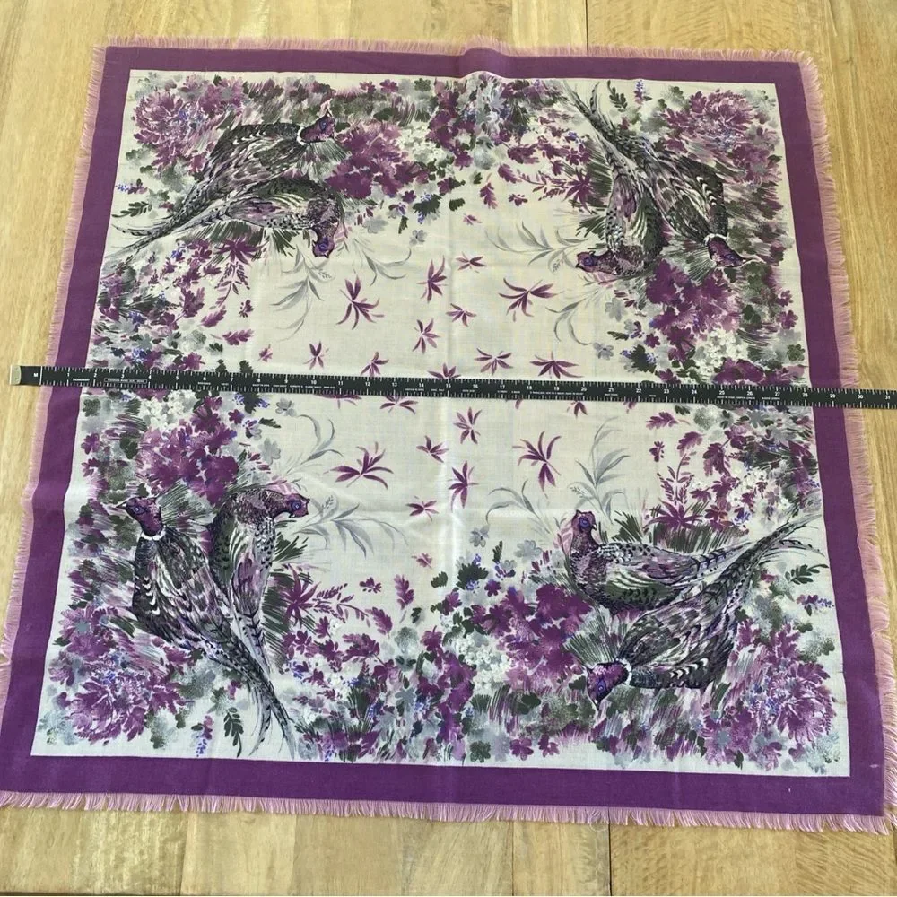 Challis Pheasant Print Equestrian Style Raw Hem Square Scarf